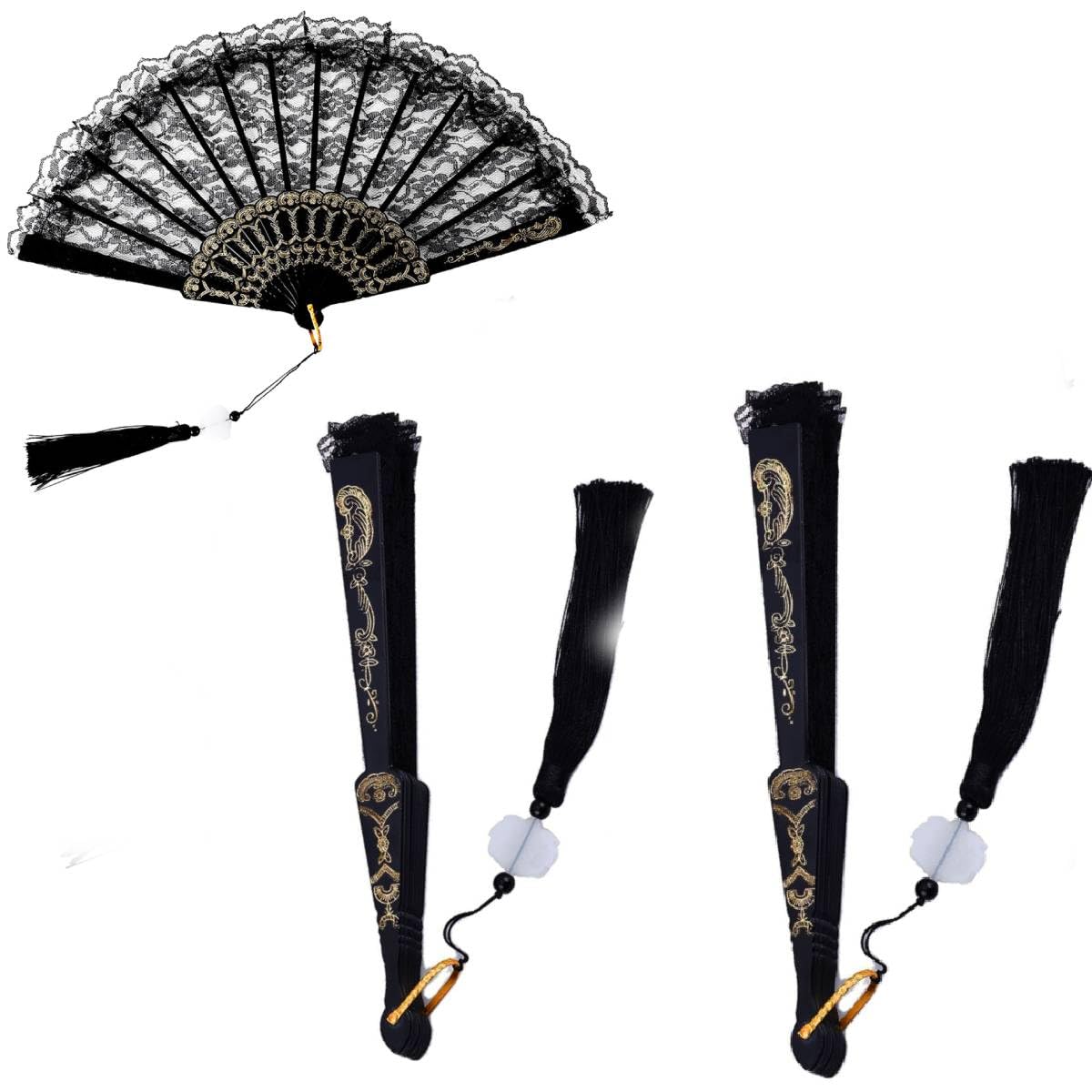 HASTHIP Chinese Hand Fan for Parties and Weddings with Bamboo Frame and Black Lace | 2PCS Set
