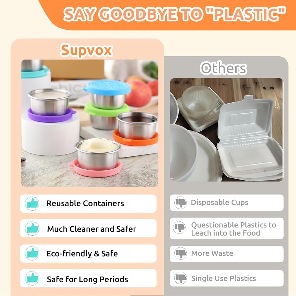 HASTHIP Small Condiment Containers for Salad Dressings featuring Leakproof Silicone Lids and Reusable Stainless Steel Cups 6 Pack 40ml