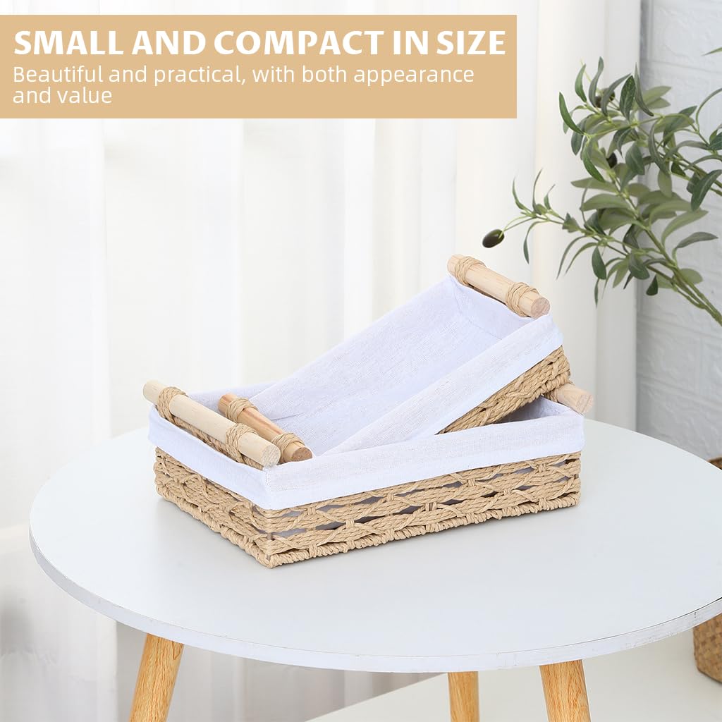 HASTHIP Desk Organizer for Bathroom and Dresser with Wooden Handle | 2 Sizes 30x20x10cm & 25x15x8cm Rustic Rattan Fabric Lined Storage Box