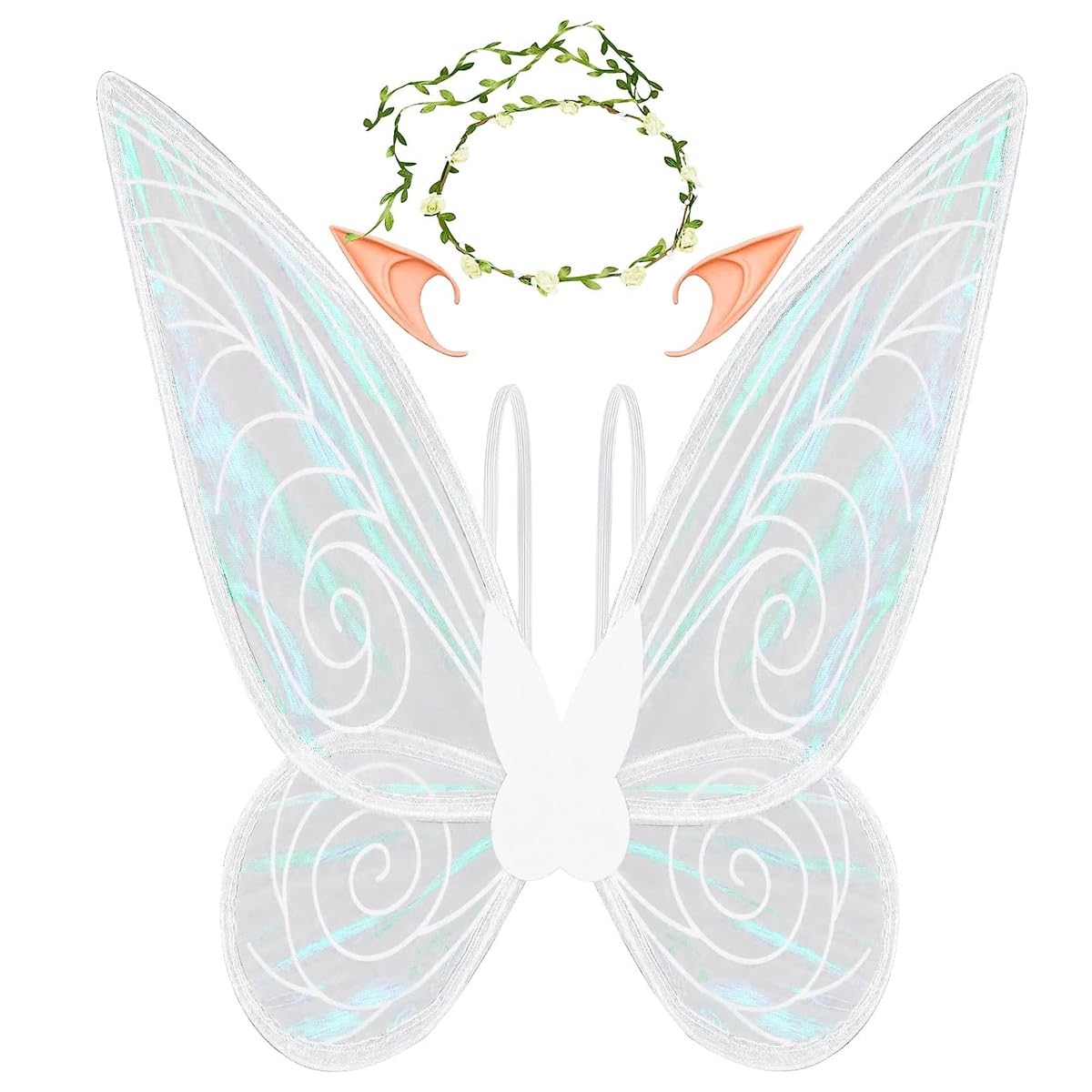 HASTHIP® Alas de Mariposa Blancas para Niñas 5+ Años,Conjunto de Disfraz Hada con Orejas Elfo y Guirnalda Flores,Alas Ángel para Fiesta Cumpleaños Halloween y Sesiones Fotos