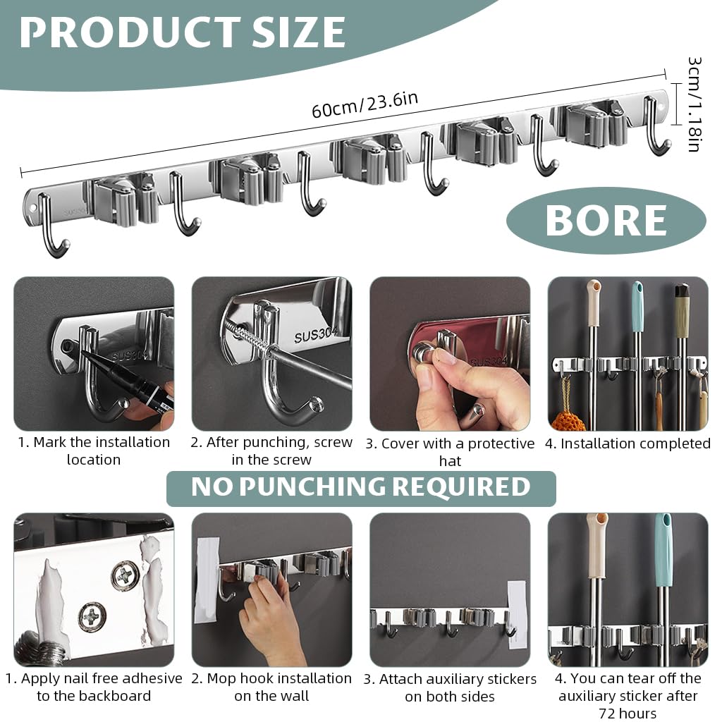 HASTHIP Broom Holder Rack with 5 Racks and 6 Hooks for Wall featuring Roller Clips | Stainless Steel Self Adhesive Mount for Kitchen Bathroom Garage