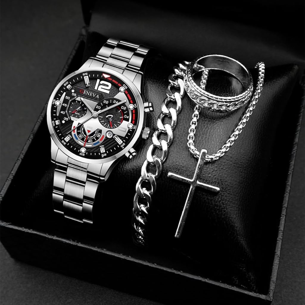 HASTHIP® 4pc Watch Bracelet: Mens Black Steampunk Goth Black Mens Cuban Curb Link Chain Stainless Steel Retro Gothic Style Cocktail Party Biker Pendant Necklace (Silver)