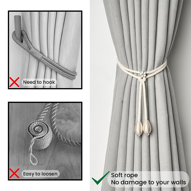 HASTHIP Curtain Tie Backs for Living Room and Bedroom featuring Sliding Floral Buckles | 4PCS Cotton Rope Holdbacks with Weighted Ends