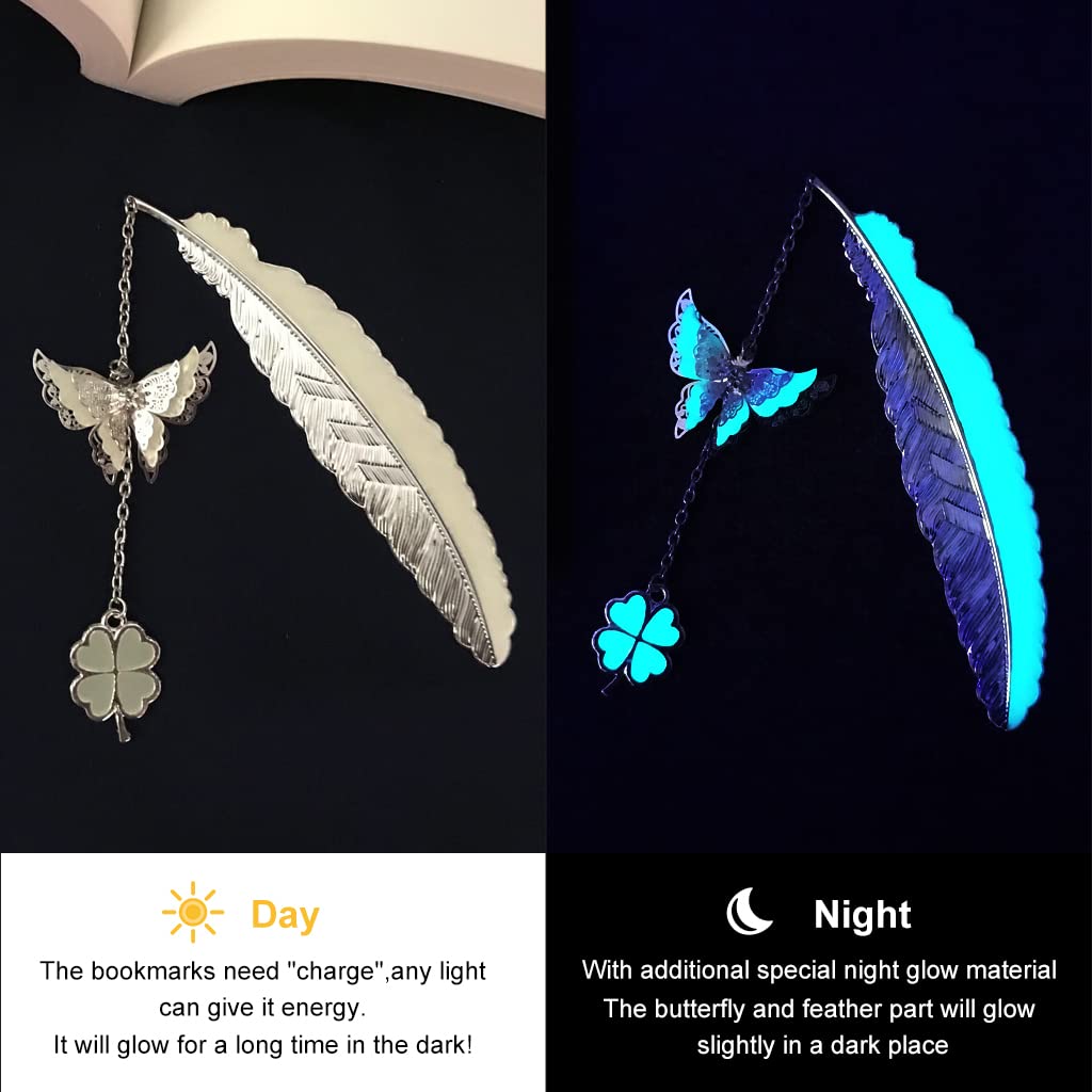 HASTHIP Metal Feather Bookmark for Books with Glow in the Dark Butterfly | 11.5 cm Zinc Alloy Gift