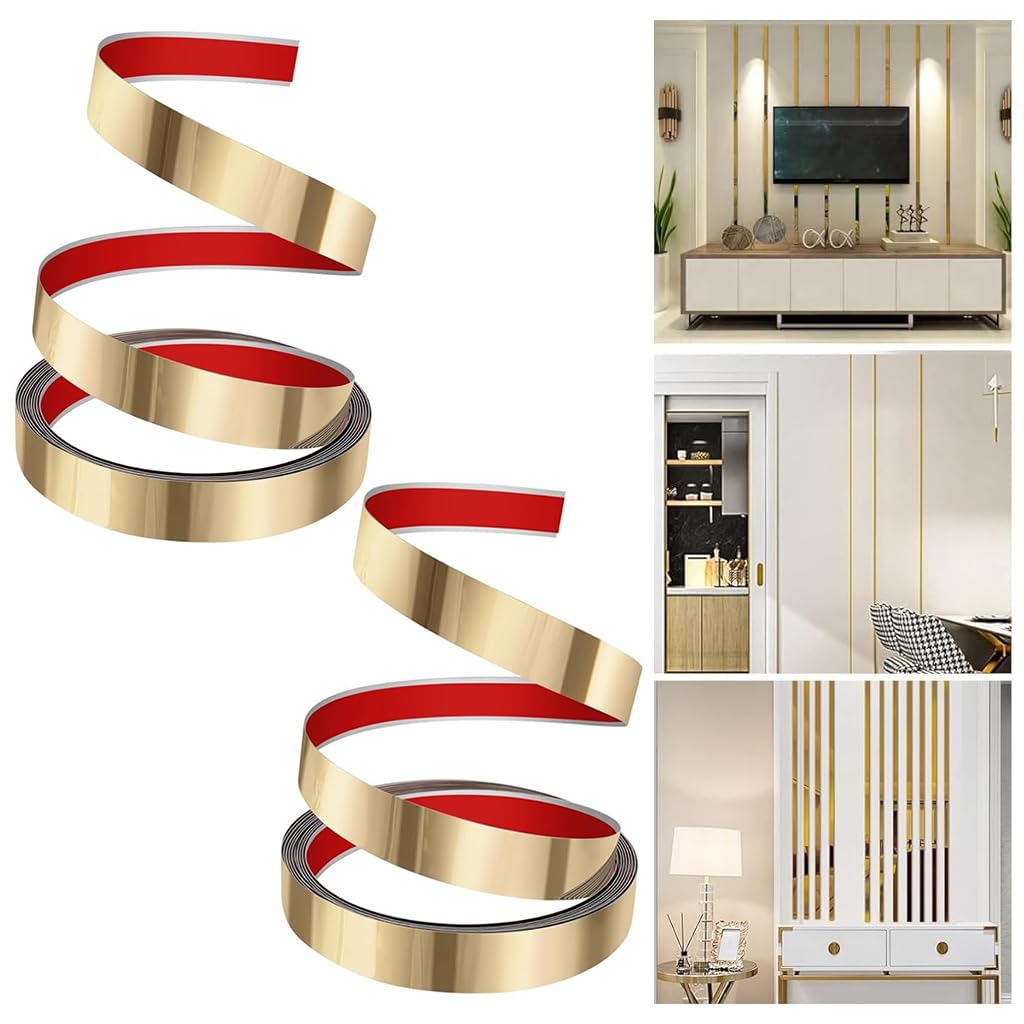 HASTHIP Metal Trim Wall Strip for DIY Decoration featuring Self Adhesive Design and 16.4ft Golden Stainless Steel | Mirror-Like Finish for Home Interiors