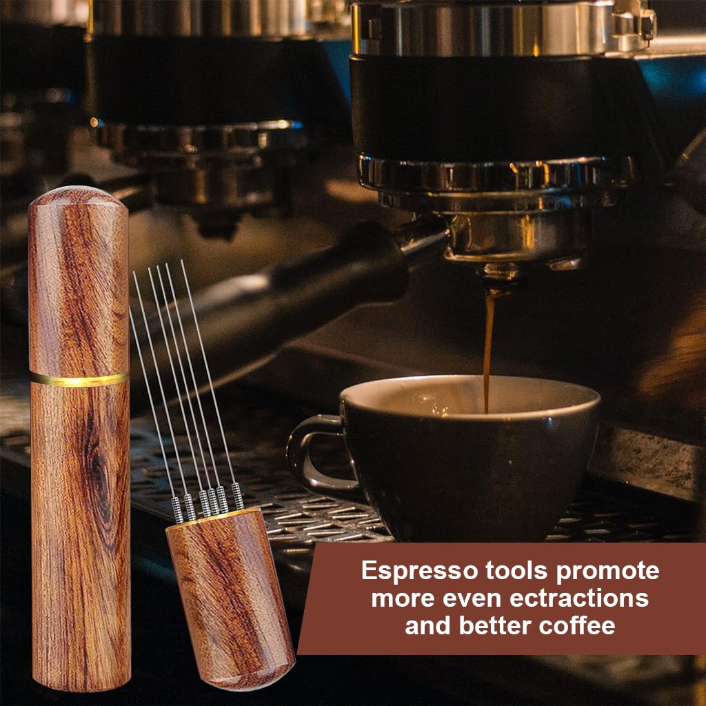 HASTHIP® Espresso Coffee Stirrer Pin Tamper for Espresso Coffee Making 6 Needles Ground Coffee Stirrer 0.4mm Fine Pin TamperNatural Wooden Handle Pin Coffee Tamper