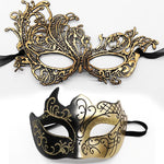 HASTHIP® 2 Piezas Máscara Veneciana para Pareja,Máscara de Encaje Hueco para Mujer y de Metal Hombre,Antifaz Lujoso Negro y Dorado Fiesta Disfraces Carnaval Boda