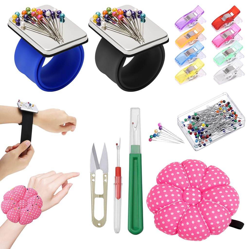 HASTHIP Sewing Pins Accessories Kit for DIY Crafts with 200 pcs Pins and Magnetic Wrist Holders | Includes Seam Rippers and Scissor