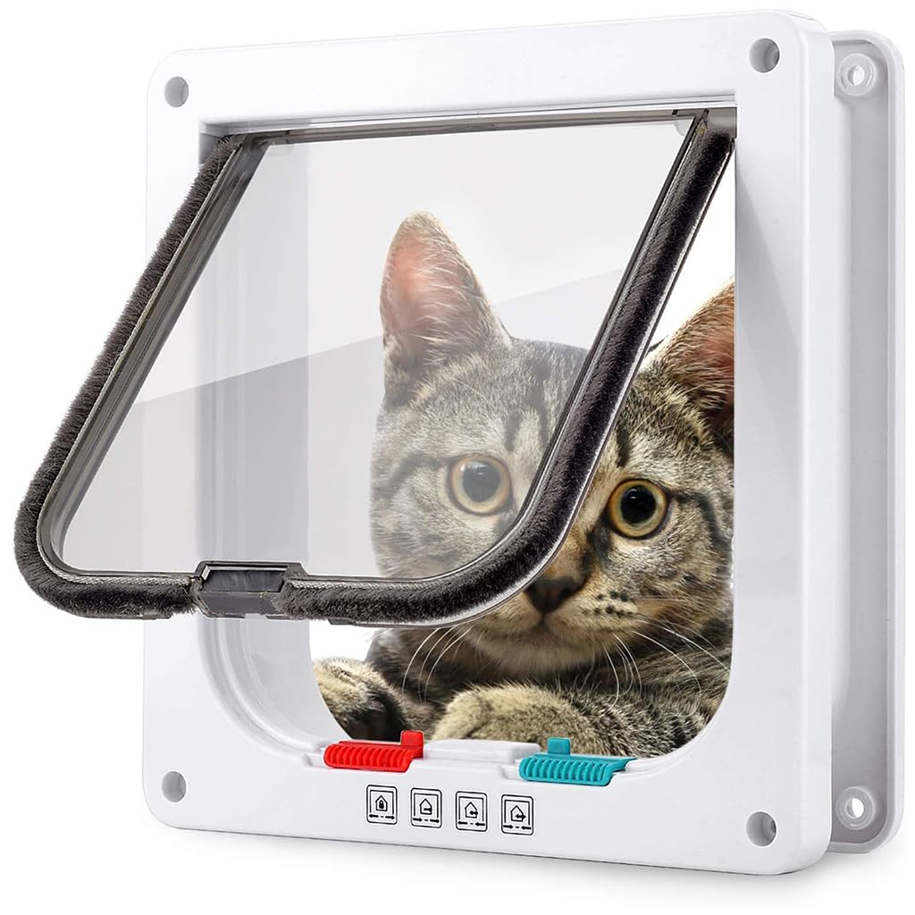 HASTHIP® Puerta para Gatos y Perros Pequeños con Cerradura de 4 Modos, Puerta Interior Exterior para Mascotas, Solapa Silenciosa y Resistente al Agua, Fácil de Instalar, Plástico ABS Durader