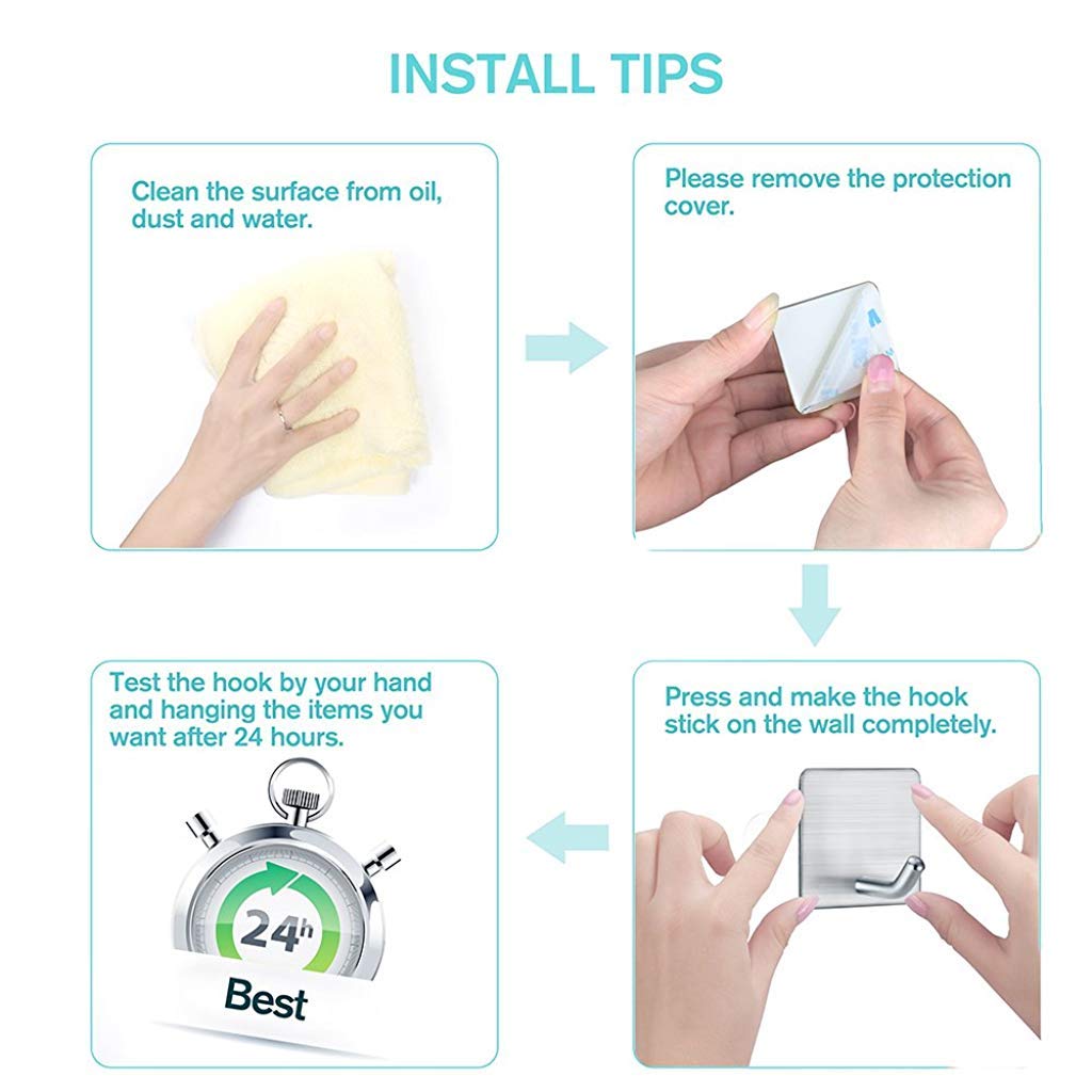 Supvox Self Adhesive Hooks, Heavy Duty Stainless Steel Waterproof Towel Hooks Stick on Hooks Wall Hangers Sticky Hooks for Hanging Bathroom Kitchen Home-4 Packs