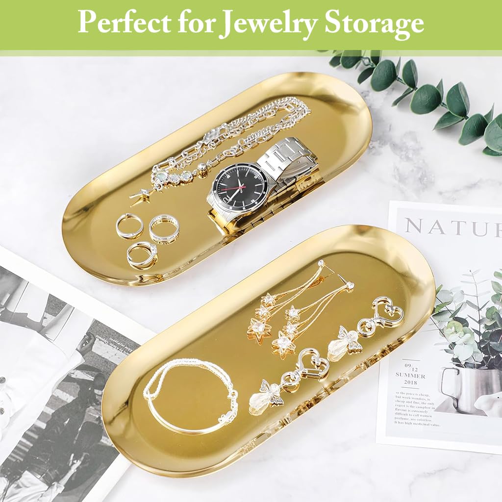 HASTHIP Jewelry Organizer Trays for Dressing Table and Bathroom featuring 23x9 cm Stainless Steel Design | Golden Trinket Plates for Home Décor