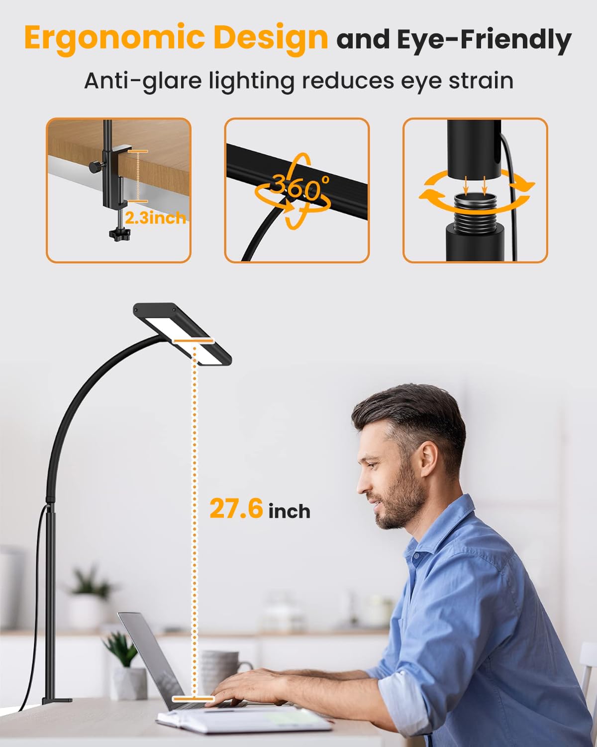 HASTHIP® 3-Color LED Table Lamp for Study Room, 15.7'' Study Lamp with Flexible Gooseneck USB Wired Desk Light with 10-Level Dimming Aluminum Alloy Lamp Light for Study, Office