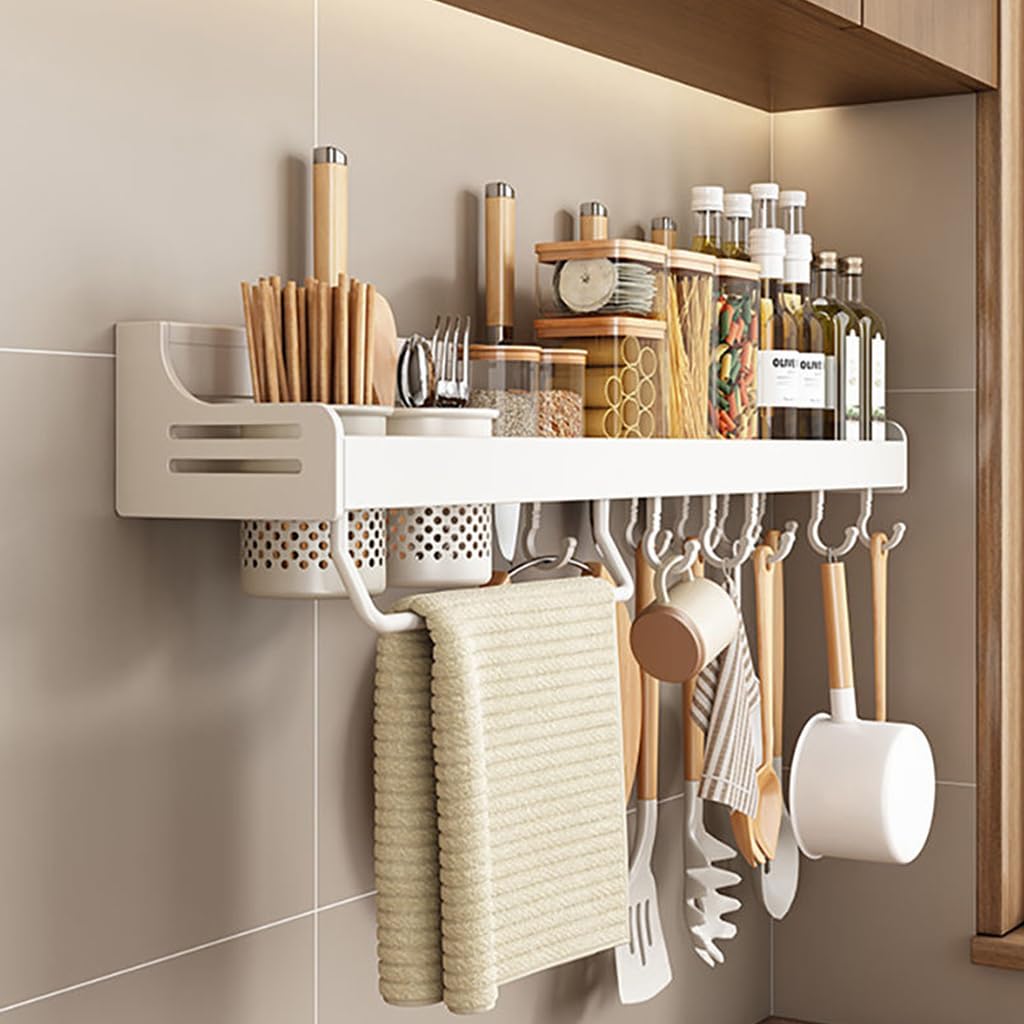 HASTHIP Kitchen Wall Organizer Rack for Utensils featuring Under Shelf Hooks and 23.6 in Aluminium Frame | Towel and Seasoning Jar Storage
