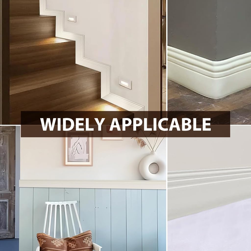 HASTHIP Flexible Baseboard Molding Trim for Home Decoration with Peel and Stick NBR | 78.74×3.9 in Cuttable Milky White Finish