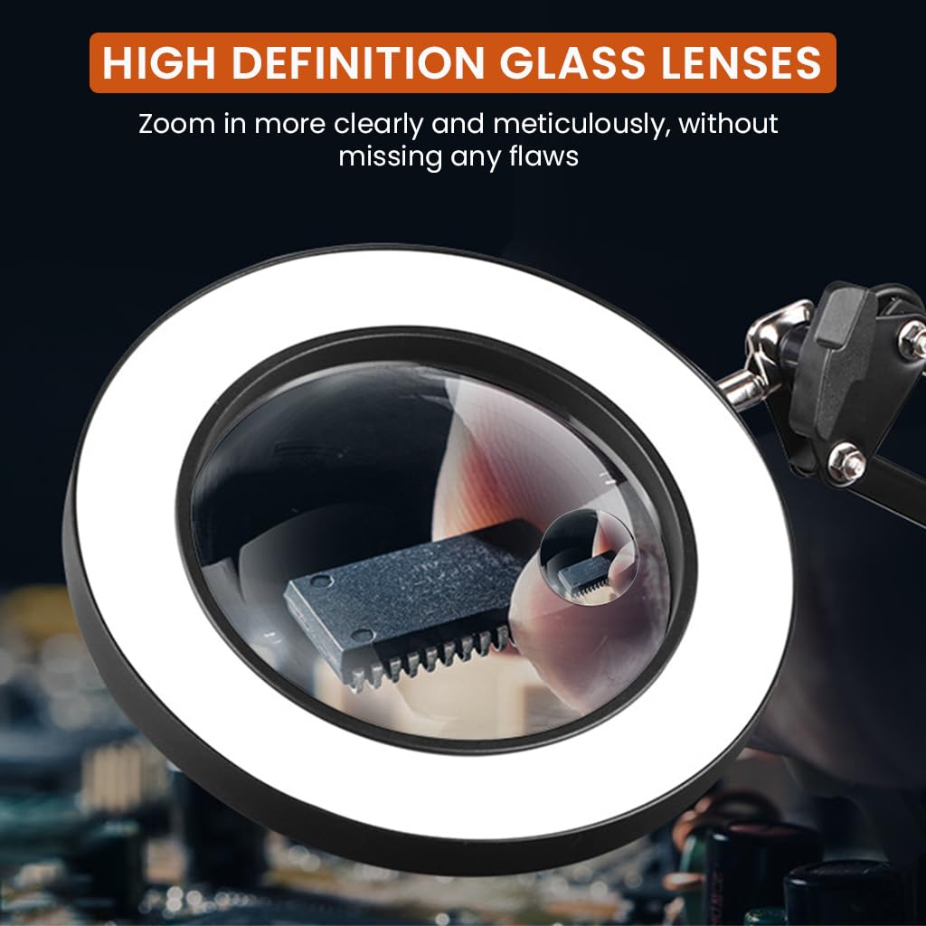 HASTHIP Desk LED Magnifier for Repairing and Reading with 15X Lens and Flexible Arm | 3-Color USB Lamp