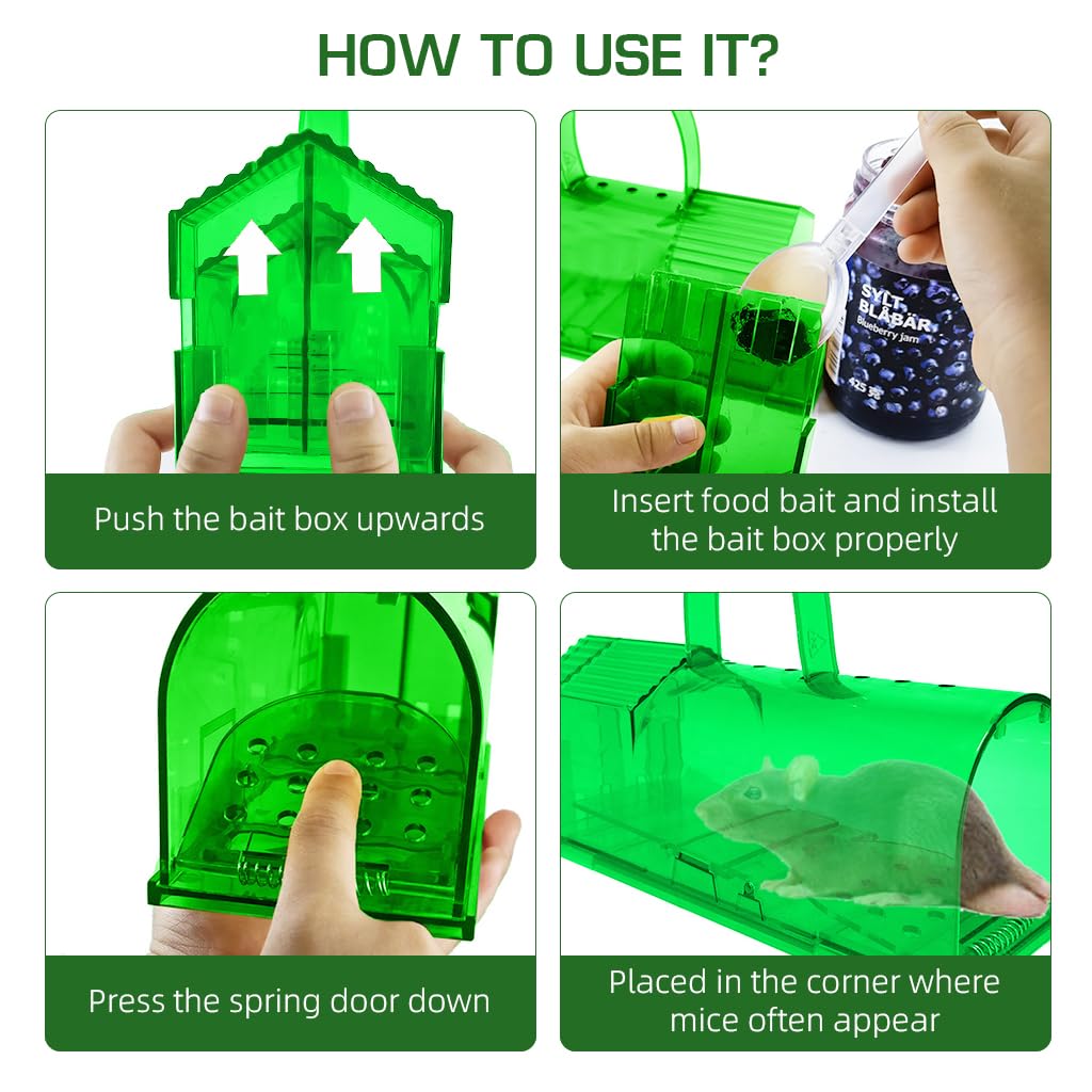 HASTHIP® 2 Piece Large Mouse Trap with Handle - 7.9 Inches Green Large Rat Trap - No-retreat Spring loaded Door Mouse Trap - Humane Mouse Trap - Easy to Set Up - Mouse Catcher Reusable
