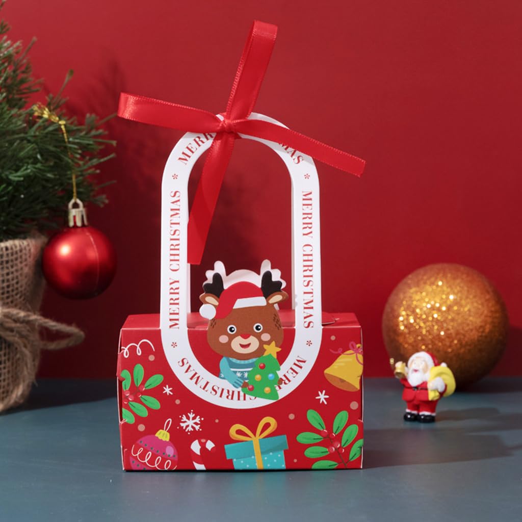 HASTHIP Christmas Gift Boxes 10pcs for Holiday Packaging with Ribbon and Handles | 10x5.2x15.5cm Sturdy Paper Box Featuring Cute Elk Design