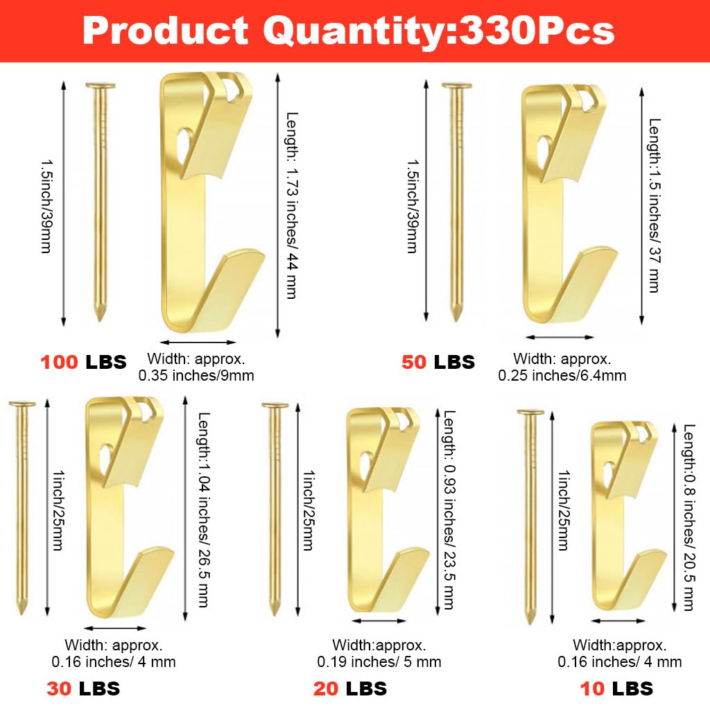 Picture Hanging Kit, 330Pcs Heavy Duty 10lbs-100lbs Metal Picture Hangers with 164 Hooks, 166 Nails, Photo Frame Hooks for Wall, Wall Hooks for Photo Frames 5 Sizes Wall Mounting Hook