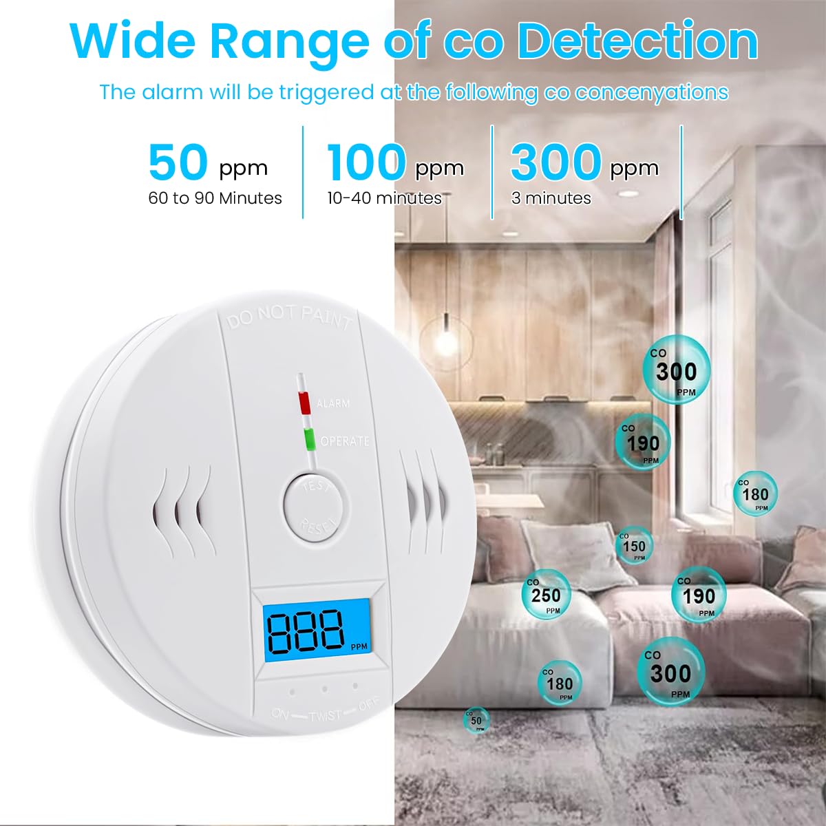 HASTHIP Carbon Monoxide Detector for Home with 85dB Alarm and LCD Display | Battery Operated