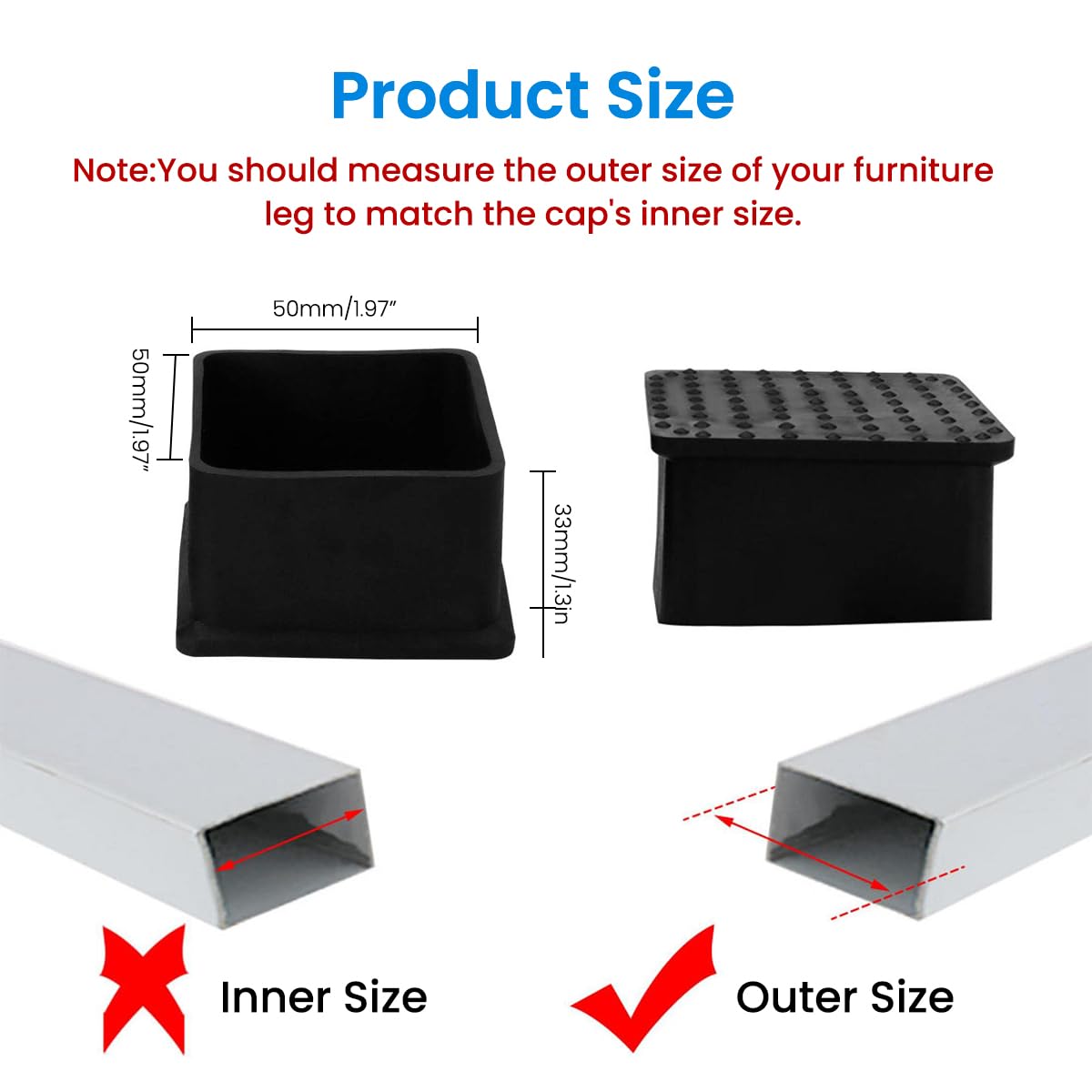 HASTHIP Furniture Leg Covers 4 pcs for 2 x 2 in Legs with Anti Slip Rubber | Noise Reduction Floor Protection