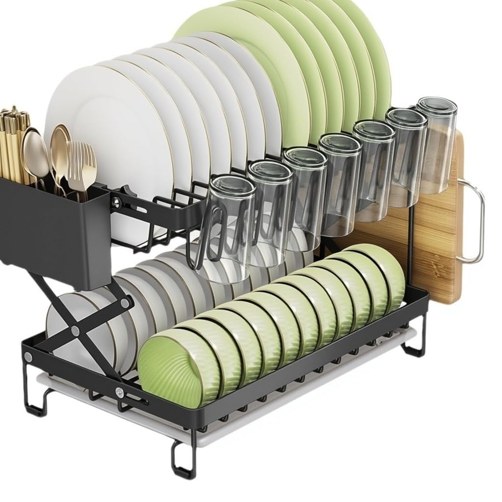 HASTHIP Kitchen Dish Rack with Double Layer Drain System and Utensil Storage | 40x28x31.5cm Carbon Steel