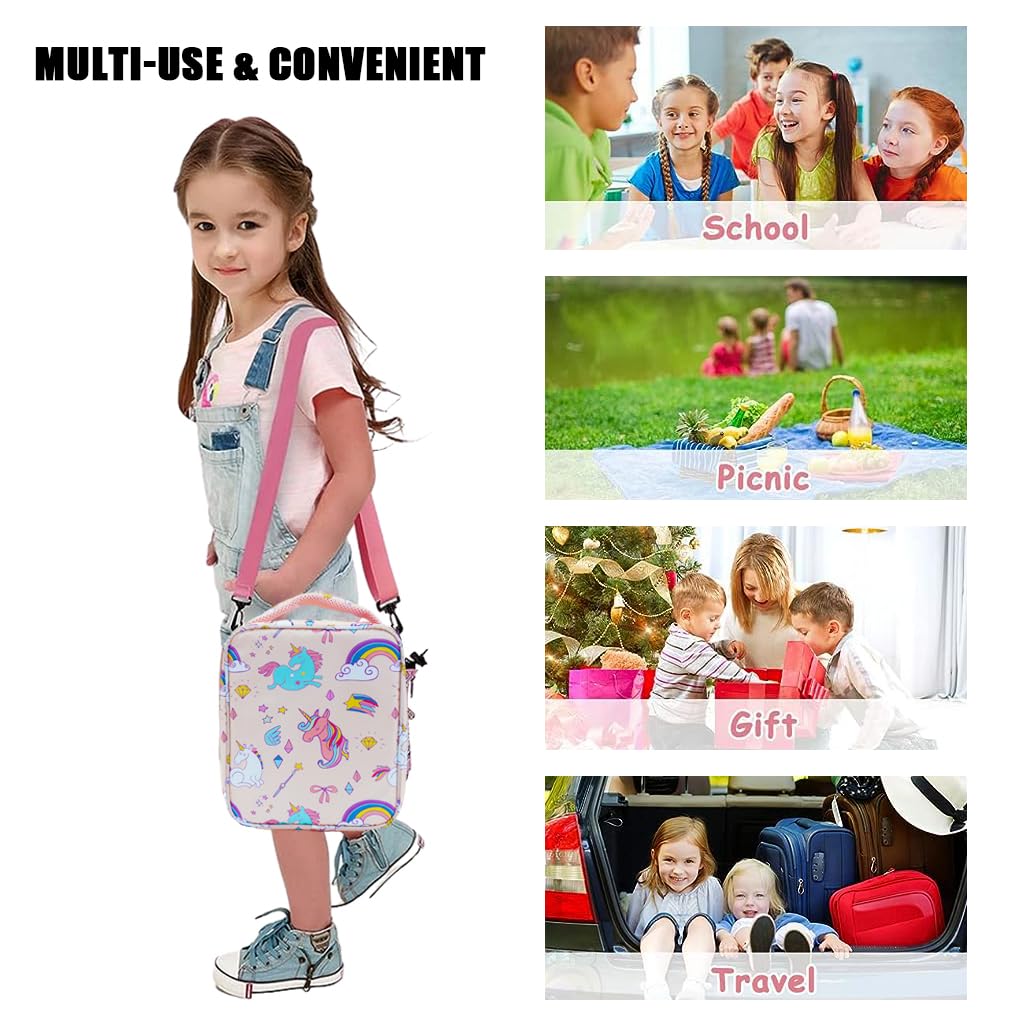 HASTHIP Lunch Box for Kids featuring triple-layer insulation with 8.5x3.2x10 in capacity | Blue Unicorn Print Tote for School Meals