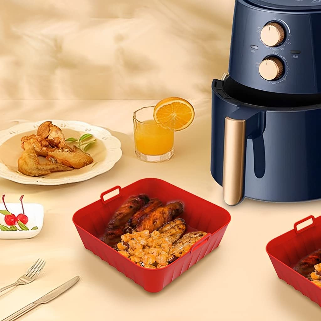 HASTHIP Air Fryer Silicone Baking Tray, 8.2 Inch Non-Stick Silicone Air Fryer Liners for 4-7QT, Reusable Square Air Fryer Oven Pot with Anti-Scalding Handles, Food Safe Air Fryers Accessories (Red)