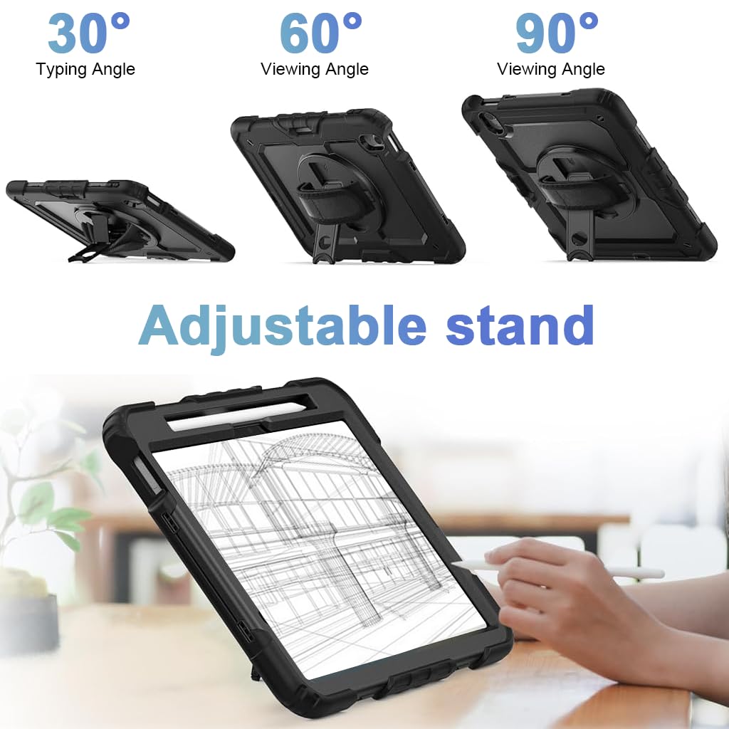 HASTHIP® Case for iPad Air 11 2025/2024 M3/M2/Air 5th/4th Gen 10.9/Pro 11 4th/3rd Gen with Pencil Holder 360° Kickstand & Adjustable Hand Grip Strap Dual Pen Storage Design Travel Silicone Cover