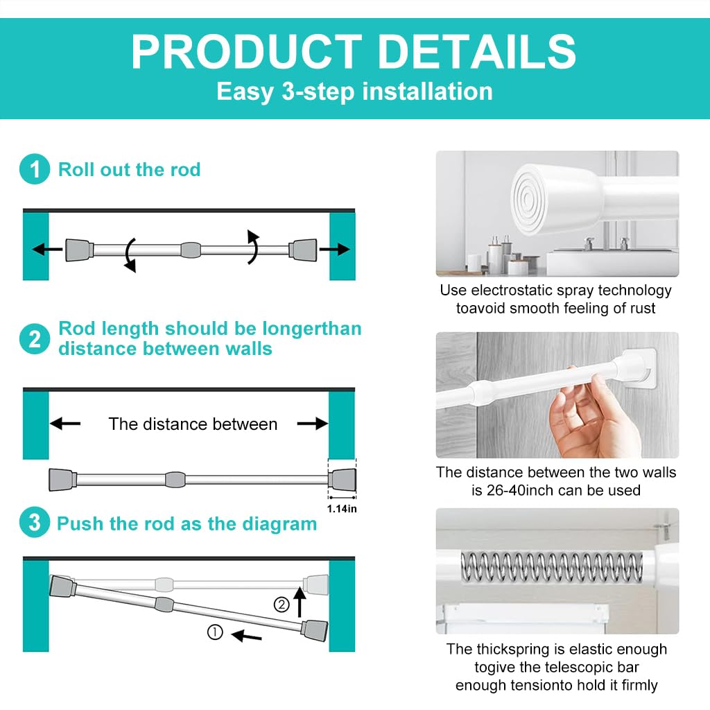 HASTHIP Retractable Curtain Rod for Windows and Doors with 2 Wall Hooks White 32.6–59 in | No Drilling Expandable Spring Design