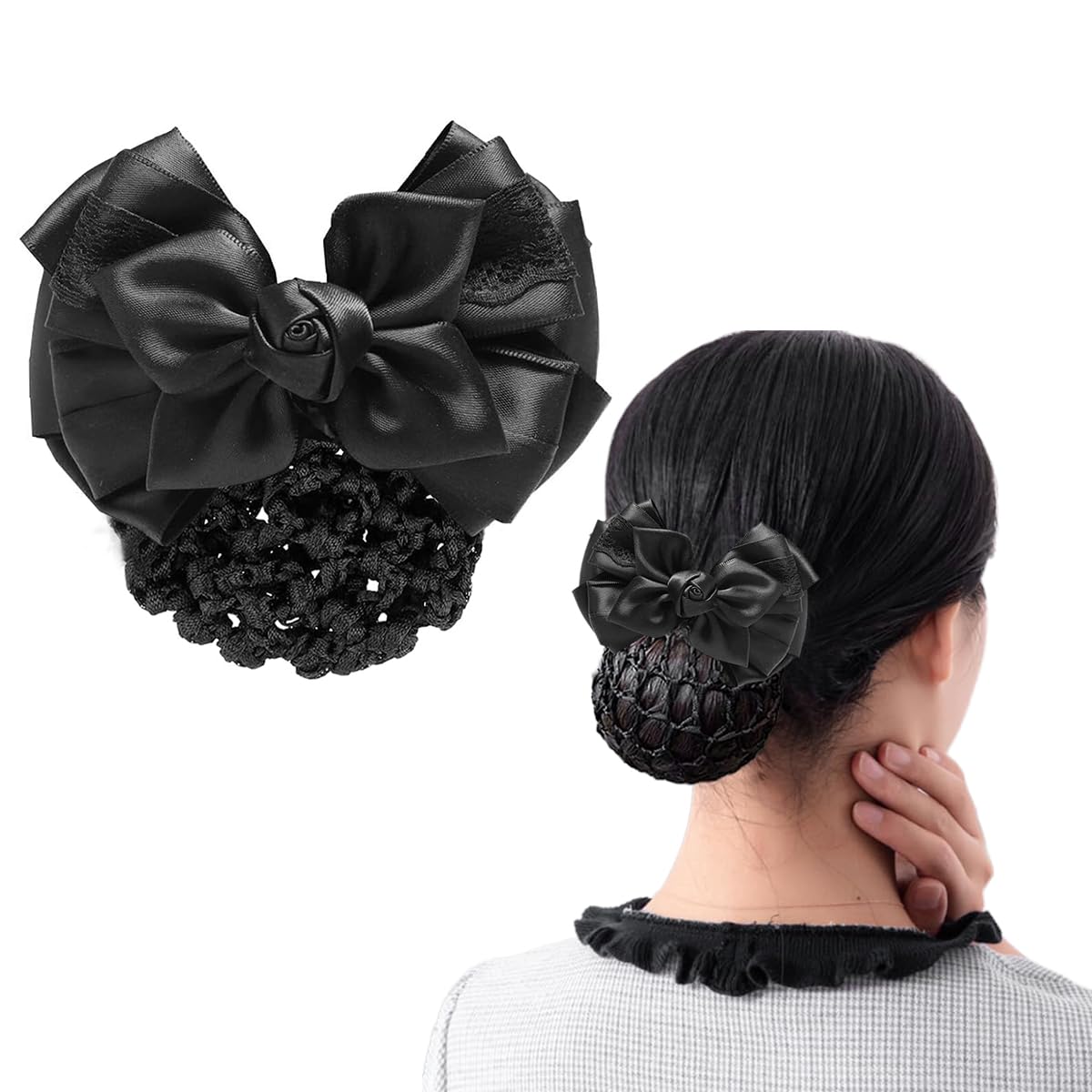 HASTHIP® Clip de Moño para Rodete,Red de Cabello con Lazo Encaje Rosa,Accesorio Moño Elegante para Mujeres Pinza Primavera Damas Red Pelo Trabajo Diario Bailarinas