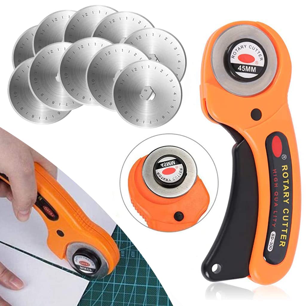 HASTHIP Roller Cutter for Fabric with 10pcs 45mm Alloy Steel Blades and Safety Lock | Ergonomic Handle for Sewing and Leather Craft