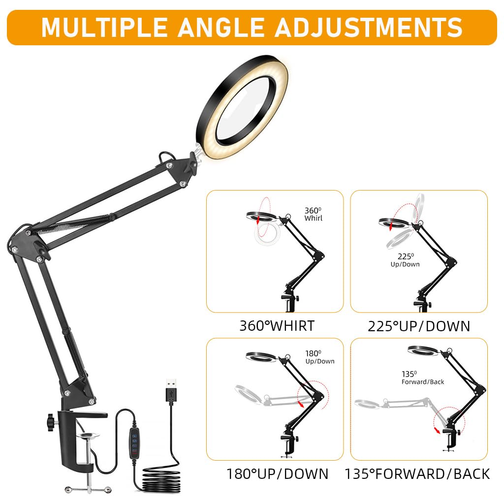 HASTHIP Desk LED Magnifier for Reading and Repairing with 10X Lens and Flexible Arm | 3‑Color USB Lamp