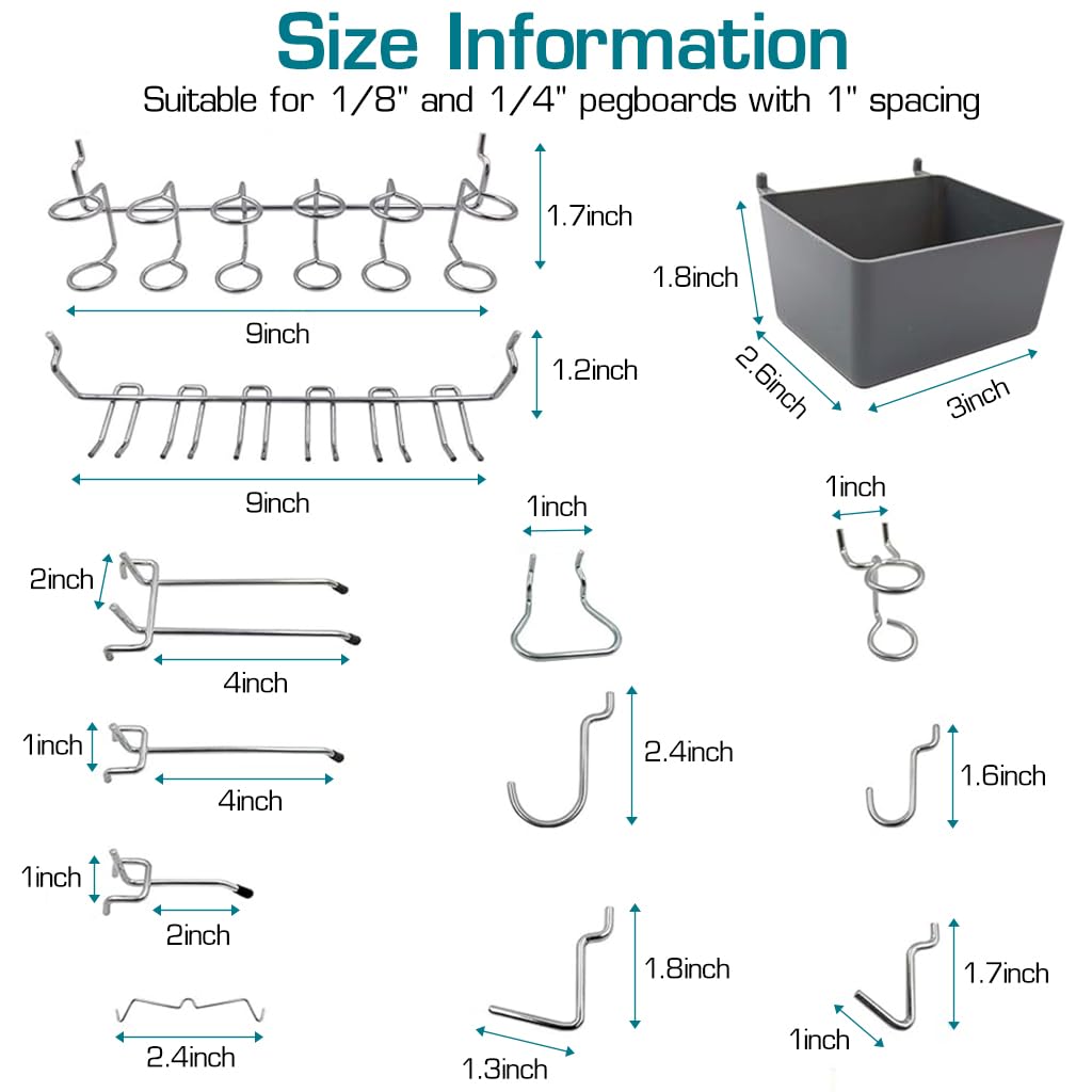 Pegboard Hooks Kit Pegboard Hooks Assortment with Pegboard Bins, Peg Locks, for Organizing Various Tools, 80 Durable Hooks & 4 Bins for 1/8" & 1/4" Pegboards, Versatile Storage Tools