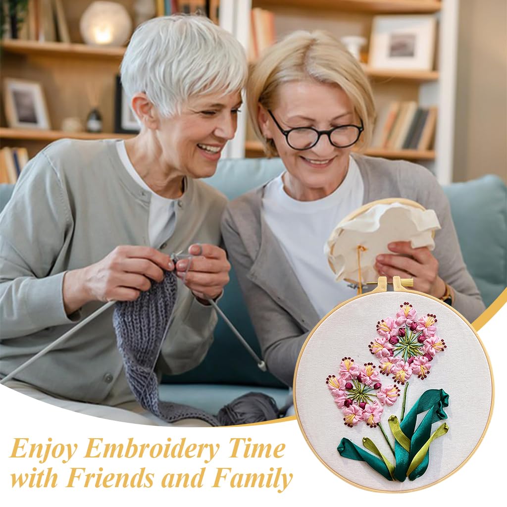 HASTHIP Embroidery Kit for Beginners with Pre Printed Canvas and Ribbon Art | Light Pink Set