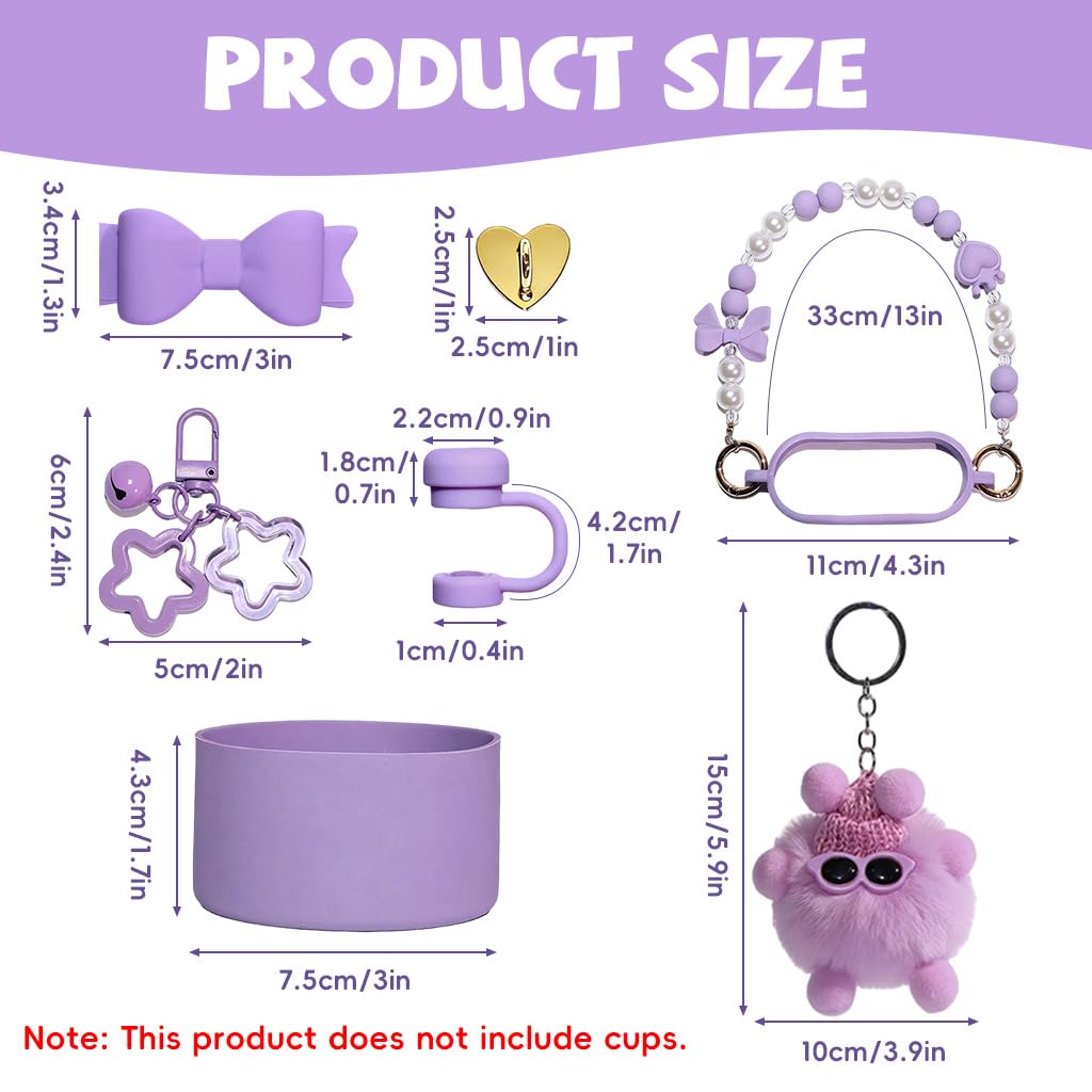 HASTHIP® Tumbler Cup Accessories Set for Stanley, 6Pcs Stylish Drinking Cup Accessories, Sweet Bow Beaded Cup Chain Handle, Bottom Sleeve Purple Bow Straw Charm, Straw Tip Cover, Cute Plush Charm