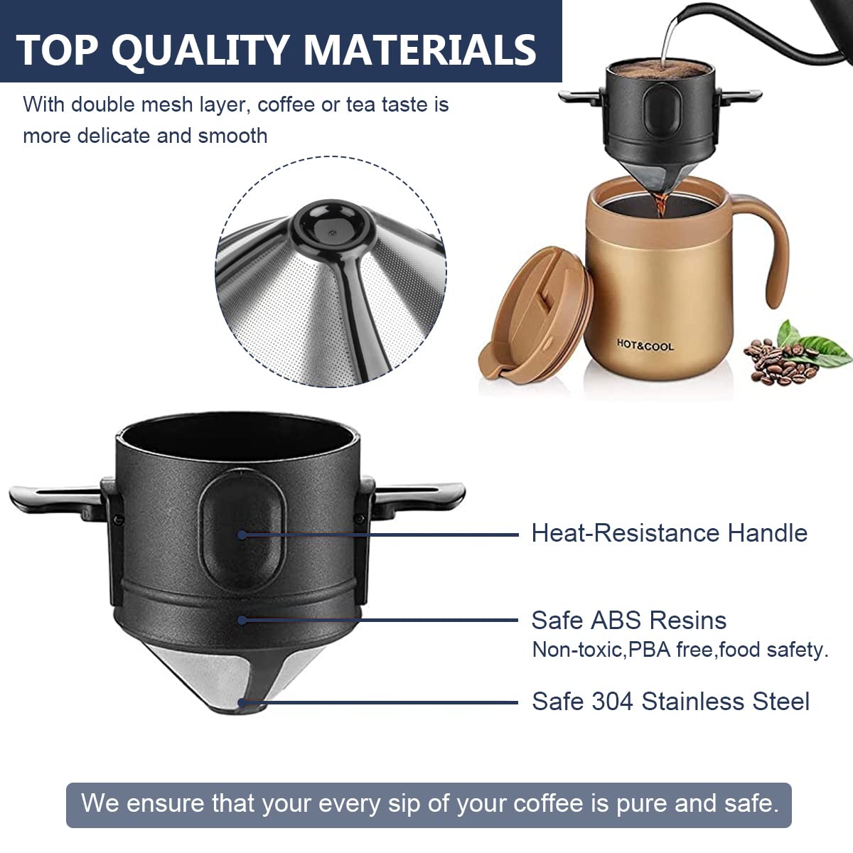 HASTHIP Filter Coffee Maker with Double Mesh Bottom Cup Stainless Steel Dripper 3 PCS