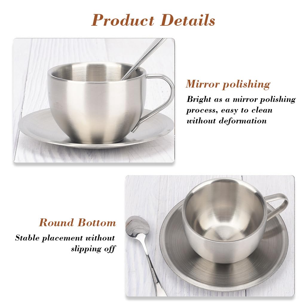 HASTHIP® Stainless Steel Coffee Cup Set, 6oz/180ml Double Wall Insulated Espresso Mugs with Saucer and Spoon, Durable Reusable Coffee Cups for Latte Cappuccino Milk Tea, Dishwasher Safe Silver