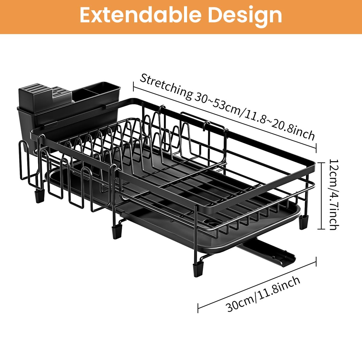 HASTHIP Dish Drying Rack for Kitchen Counter with Drip Tray and Retractable Metal Design