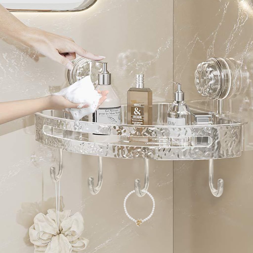 HASTHIP Bathroom Corner Shelves for Wall Storage with Strong Suction Cup and 4 Hooks | White