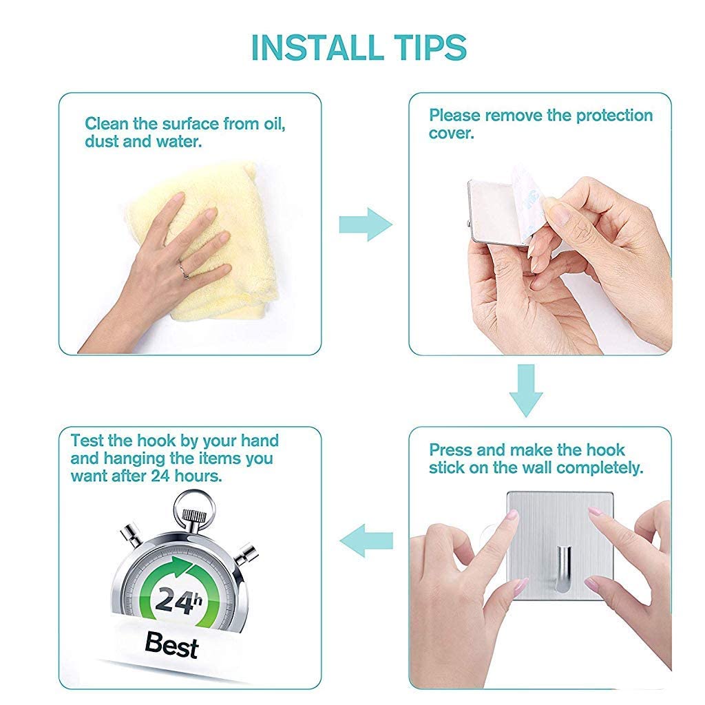 HASTHIP Adhesive Wall Hooks for Bathroom and Kitchen with 6.8kg Capacity | 8 Pcs 304 Stainless Steel No Drill Design