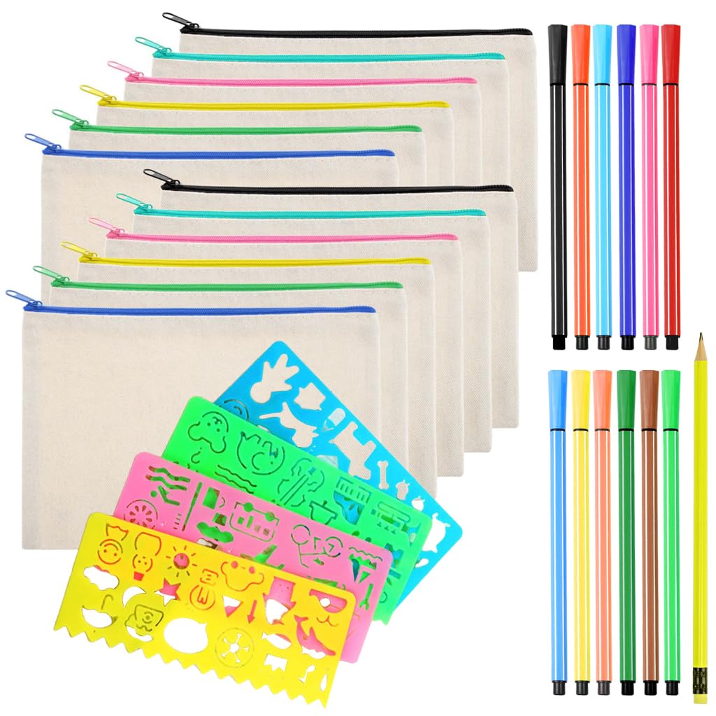 HASTHIP DIY Canvas Pencil Pouches Kit for Kids and Adults with 12 Pens | 10 Blank Cotton Bags