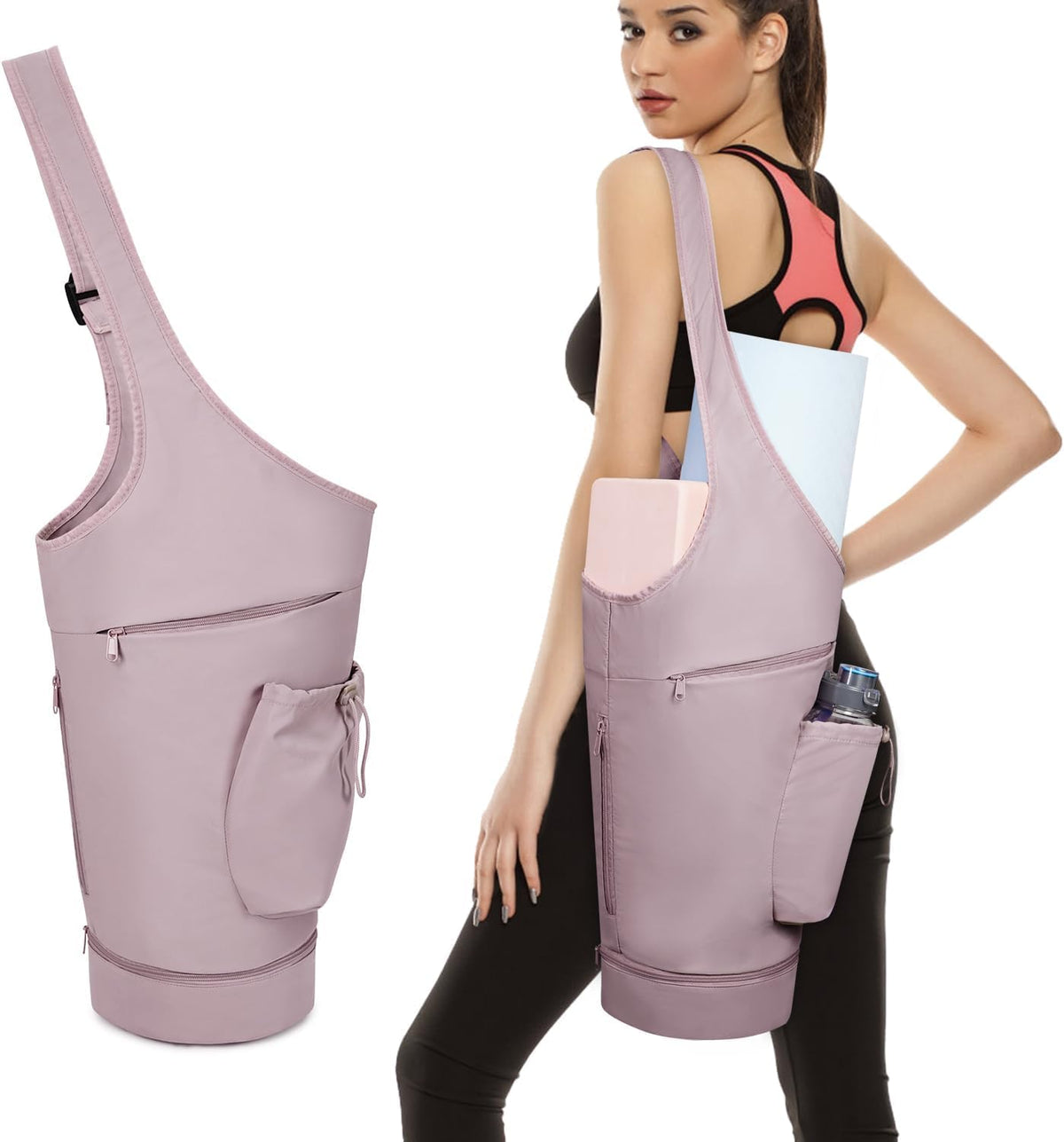 HASTHIP® Bolsa para Esterilla de Yoga Larga con Gran Apertura,Bolsa de Transporte con Bolsillo Impermeable y Bolsillo Cordón para Botella,Correa Ajustable y Amplio Almacenamiento – Rosa