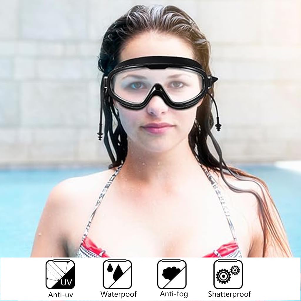 Proberos® Adult Swim Goggles, Big Frame Competition Professional Swim Goggles Swimming with Waterproof Earplugs, Leakproof Anti-fog UV Protection Diving Goggles for Surfing, Kayaking, Black