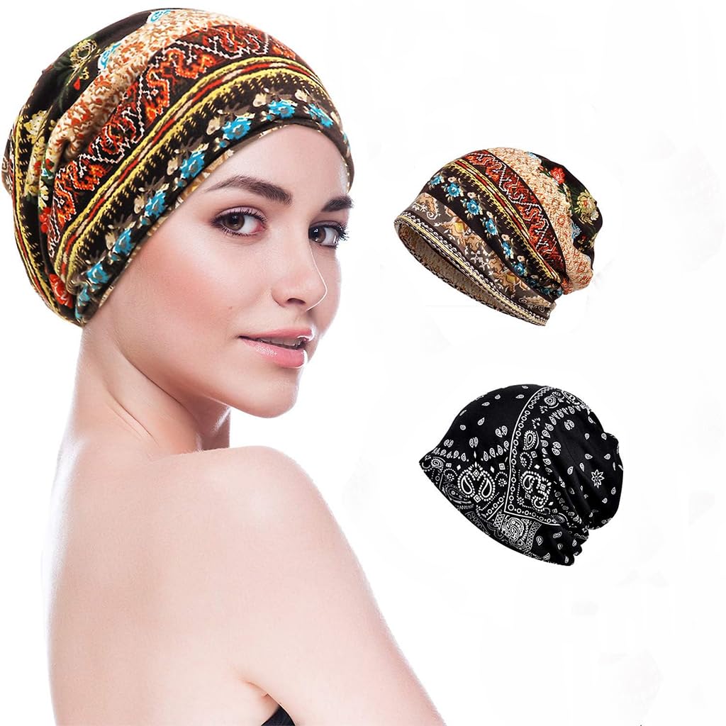 HASTHIP® Gorro Quimioterapia Mujer Suave y Transpirable, Beanie Holgado Bohemio, Pañuelo Elástico y Elegante, Sombrero de Cáncer Moda para Pérdida de Cabello, Bufanda Ligera para Todas Las