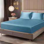 HASTHIP® Sábana Bajera Ajustable Satinada King 78x70x10 Pulgadas, Juego de Cama Suave Tipo Seda con Elásticos en Las Esquinas, Incluye 1 Sábana Bajera y 2 Fundas de Almohada - Azul, Bolsillo