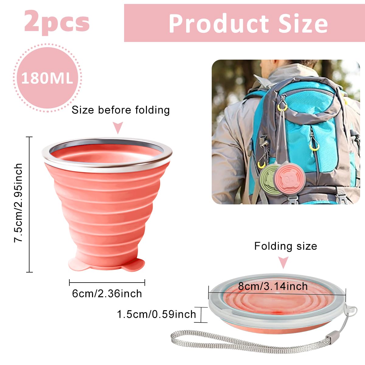 HASTHIP Collapsible Cup for Travel and Camping with Lids featuring 180 ml Silicone Design | Pink and Green 2 Pack