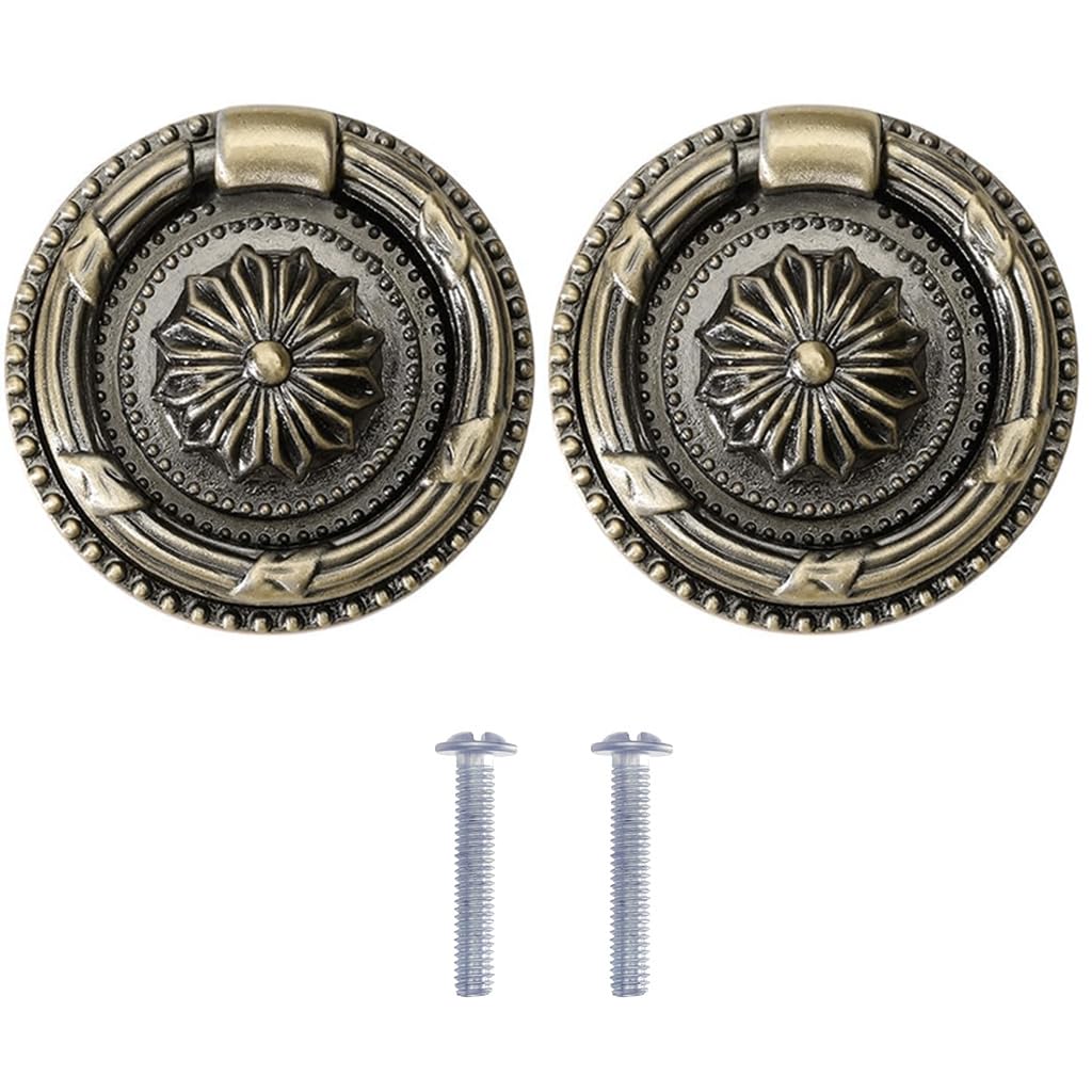 HASTHIP Antique Brass Drop Ring Pulls for Cabinet & Drawer 2PCS