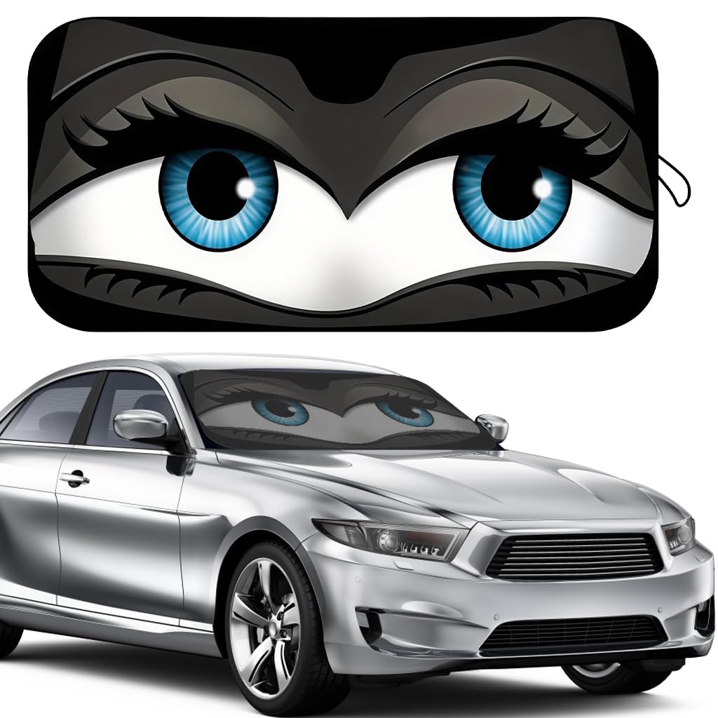 HASTHIP® STHIRA Car Windshield Sun Shade, Foldable Car Front Window Sunshade, Funny Eyes Sun Visor Cartoon UV Protection Heat Reflective Sun Shield for Car Interior Cooling & Decor, 150x70cm