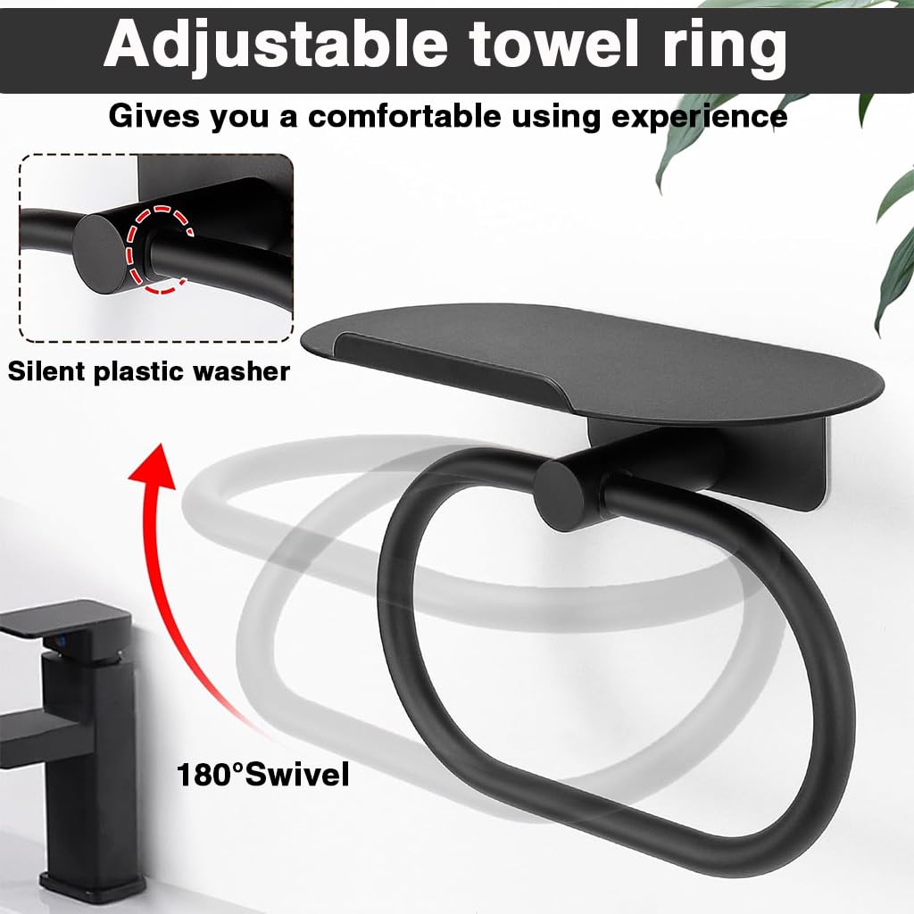 HASTHIP Round Towel Ring with Shelf for Bathroom and Kitchen featuring Self Adhesive Wall Mount | Space Saving Steel Organizer