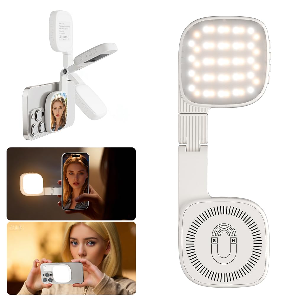 HASTHIP® Luz de Relleno Plegable USB Magnética para Teléfono con Espejo Retoque, Luz LED 3 Colores Recargable de 1000mAh para Video y Fotografía con 10 Niveles Brillo, Compatible con Teléfonos y Fundas